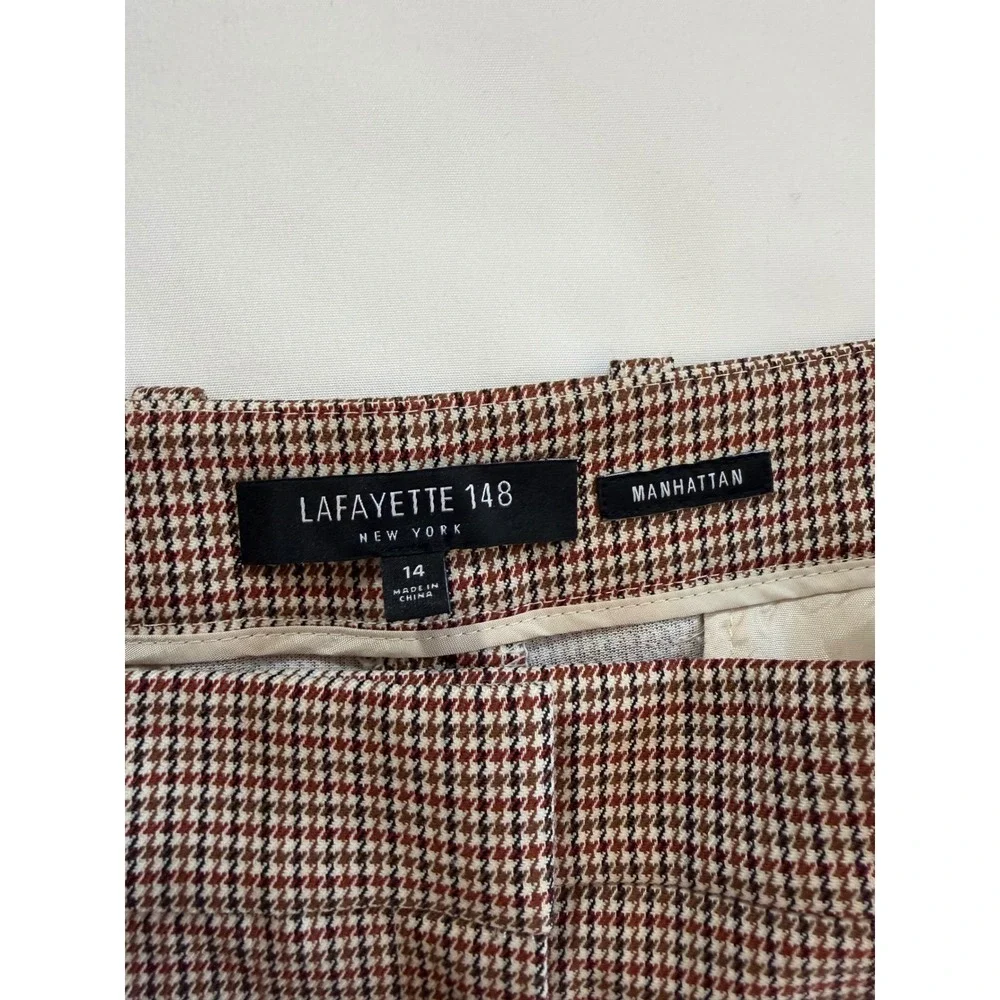 Houndstooth Wool Blend Pants Lafayette 148‎ New York Manhattan Brown Tan Size 14
